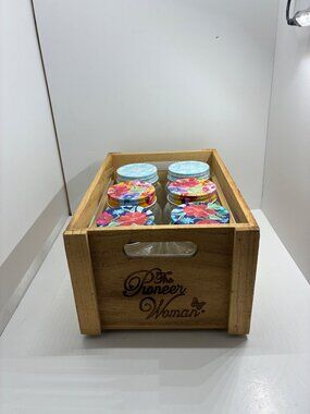 The Pioneer Woman Wooden Crate With 6 Embossed Glass Jars & Floral Lids Multi-Co
